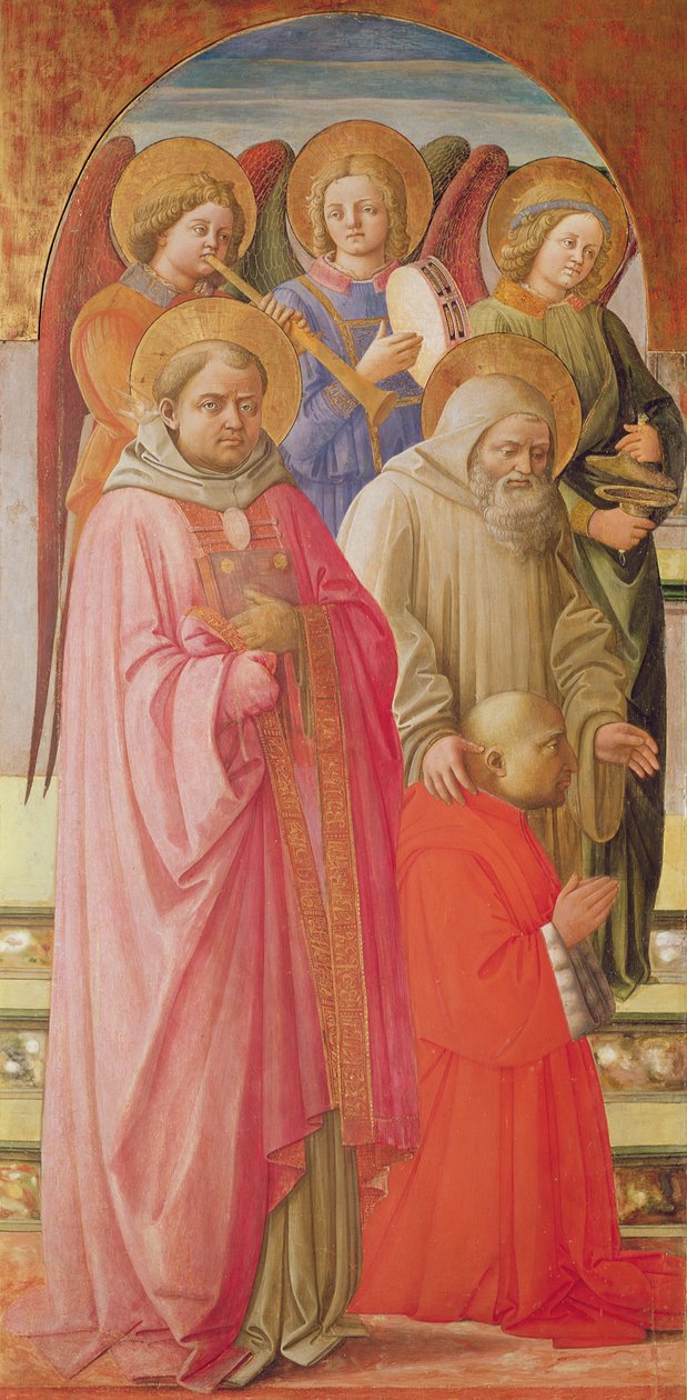 Triptyk föreställande Jungfruns kröning (vänster panel: helgon, ängelmusiker och den knästående kardinalen) (tempera på panel) av Fra Angelico