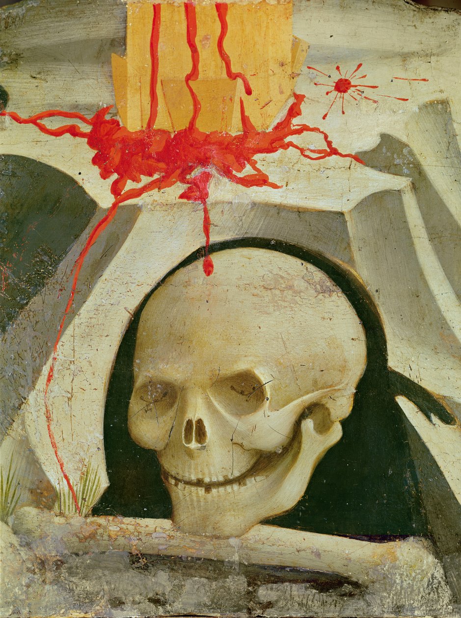 Korsfästelse och helgon detalj av skallen vid foten av korset olja på trä av Fra Angelico