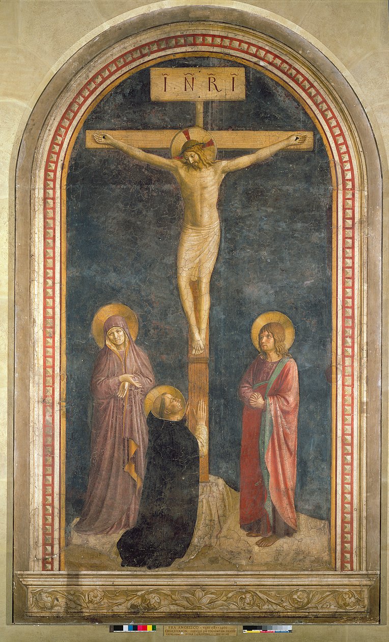 Korsfästelse med Jungfrun, SS. Johannes evangelisten och Dominikus från San Marco-klostret, Fiesole, 1442 av Fra Angelico