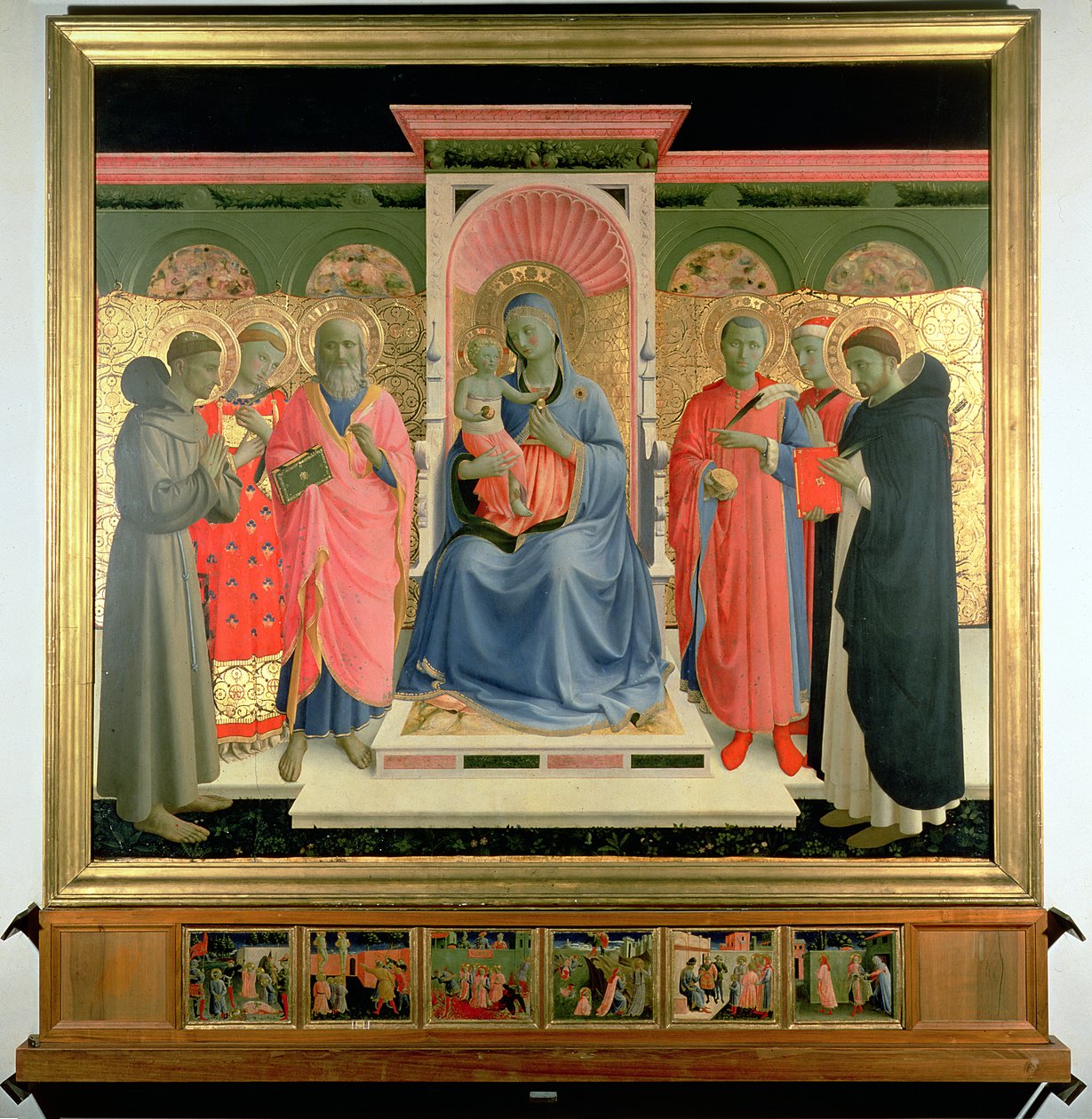 Detalj från Annalena-altartavlan som visar Jungfrun och barnet med den helige Petrus martyr, den helige Cosmas, den helige Damian, den helige Johannes evangelisten, den helige Lawrence och den helige Franciskus (tempera och bladguld på panel). av Fra Angelico