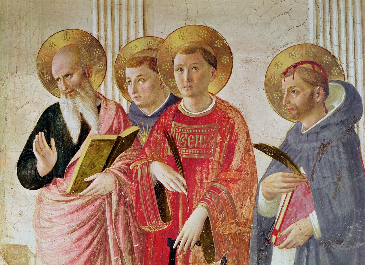 Madonna wa Kivuli, maelezo ya Watakatifu Yohana Mwinjilisti, Thomas Aquinas, Lawrence na Peter Martyr, kutoka kwa ukanda wa ghorofa ya kwanza. av Fra Angelico