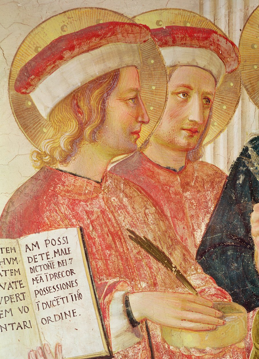 Madonna av skuggan eller jungfrun och barnet mellan Saint Dominic, Cosmas, Damien, Mark, Johannes evangelisten, Thomas av Aquino, Laurence och Pierre martyren från vänster till höger detalj av Saint Cosmas av Fra Angelico