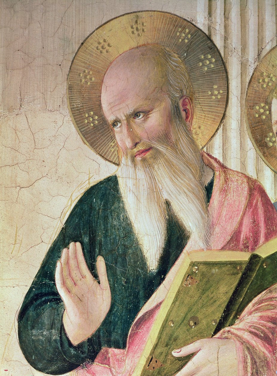 Madonna av skuggan eller jungfrun och barnet mellan Saint Dominic, Cosmas, Damien, Markus, Johannes evangelisten, Thomas av Aquino, Laurence och Pierre martyren från vänster till höger detalj av Saint John th av Fra Angelico