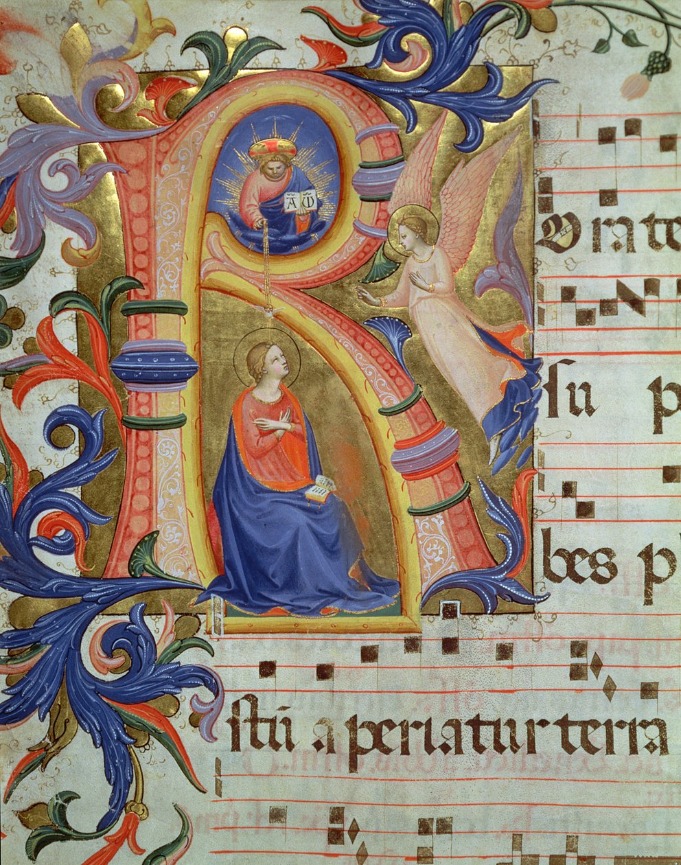Ms 558 f.33v Förkunnelsen avbildad med en historiserad initial "R", detalj från ett missal från början av 1430-talet (för detaljer se 88933). av Fra Angelico