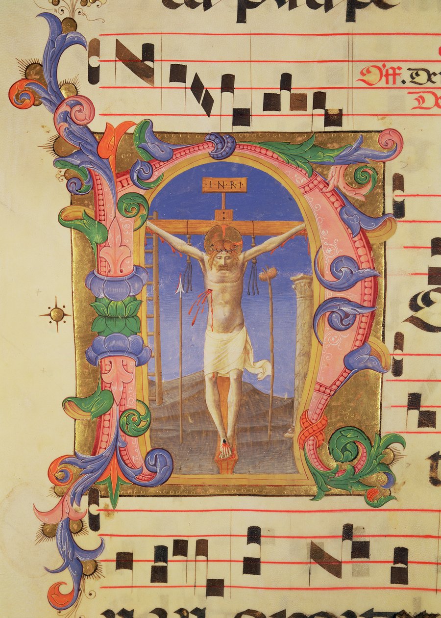 Ms 558 f.45v Korsfästelsen avbildad i ett historiskt initialt 