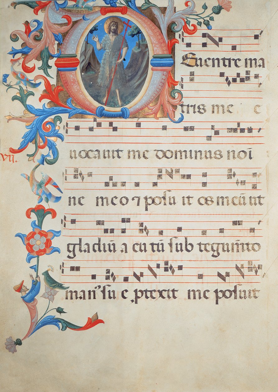 Ms 558 f.55v Sida med körnotation med ett historiskt initialt 