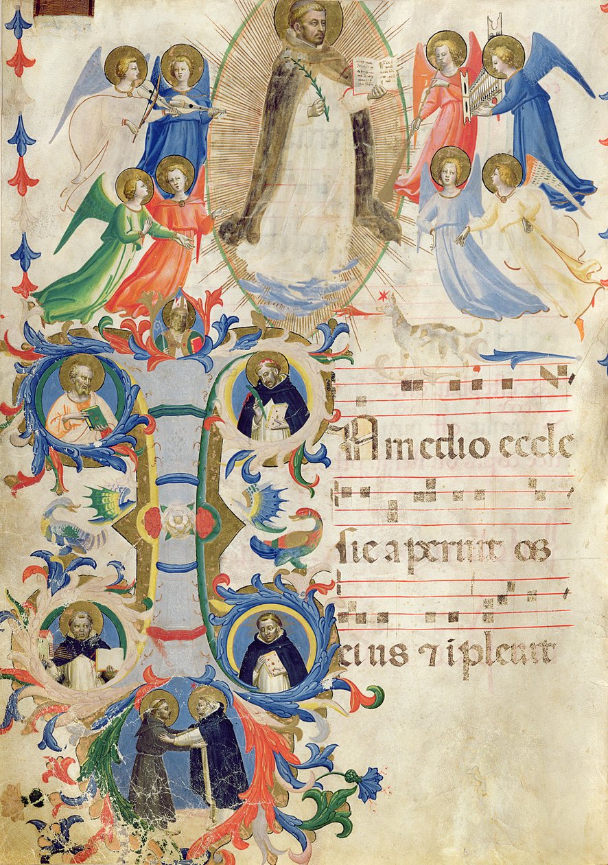 Ms 558 f.67v Sida med en föreställning av den helige Dominikus och en historiserad initial "I" från en bok från San Marco e Cenacoli (för detaljer se 88937). av Fra Angelico
