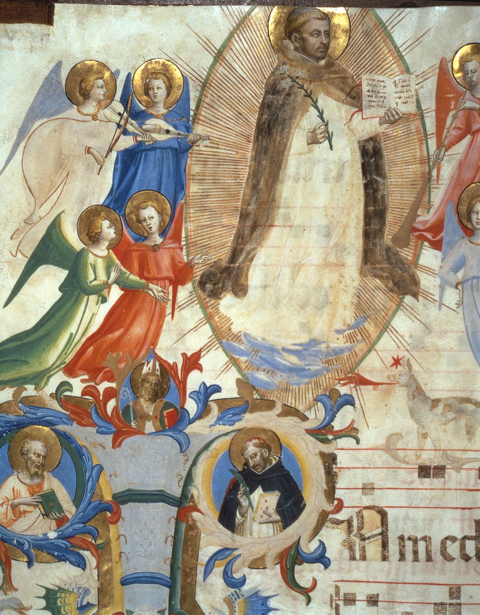 Ms 558 f.67v St. Dominic omgiven av musikeränglar, detalj från ett missal, tidigt 1430-tals velängdetalj av 88937 av Fra Angelico
