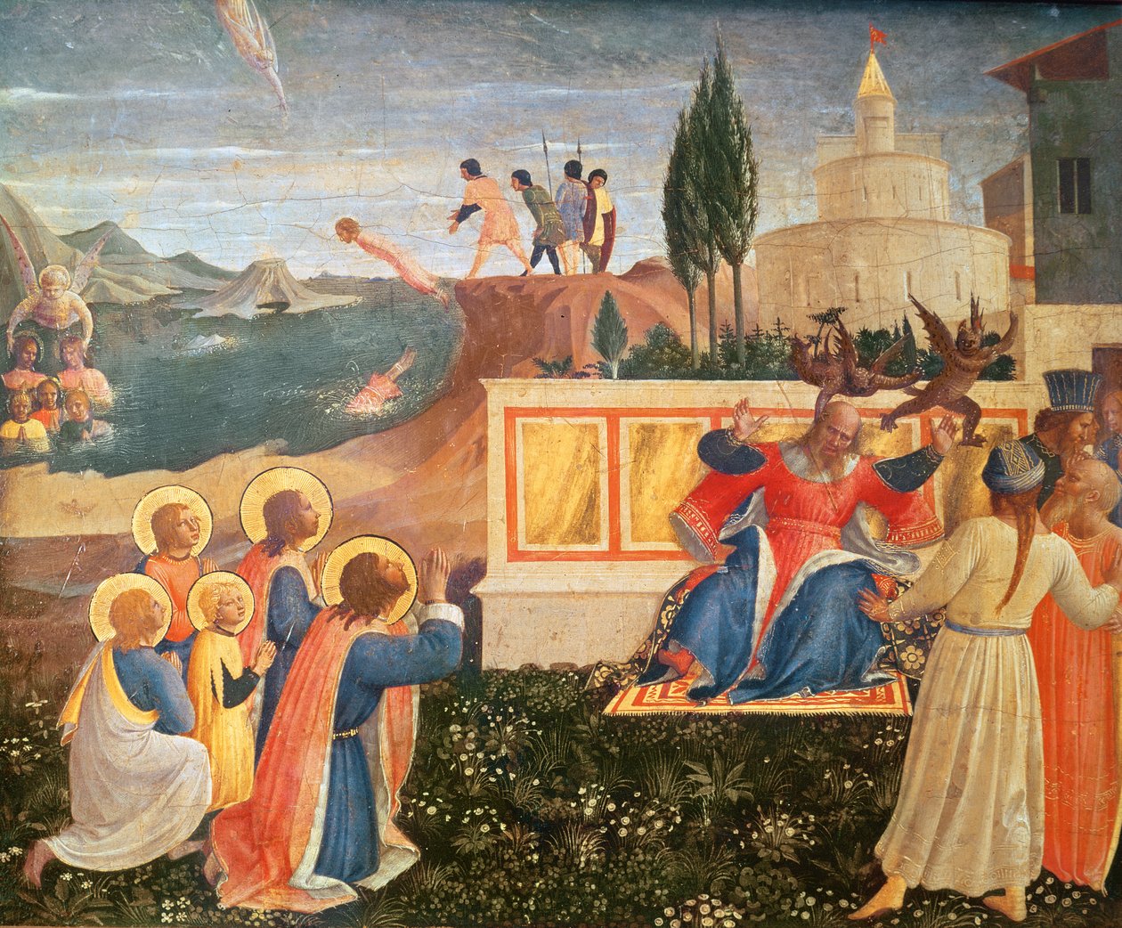 De heliga Cosmas och Damian kastas i havet; demoner flyr från prokonsuln Lysias mun, från San Marcos altartavlas predella, 1438-40 (tempera på panel) av Fra Angelico
