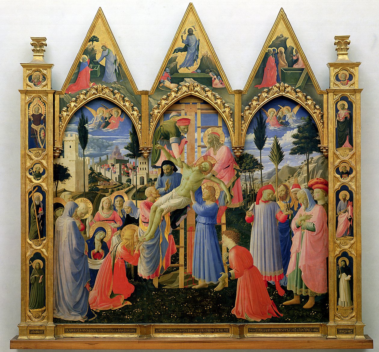 Santa Trinita altartavla, ram och tinnar av Lorenzo Monaco (Piero di Giovanni) (c.1370-1425) färdig c.1434 (tempera och guld på panel) av Fra Angelico
