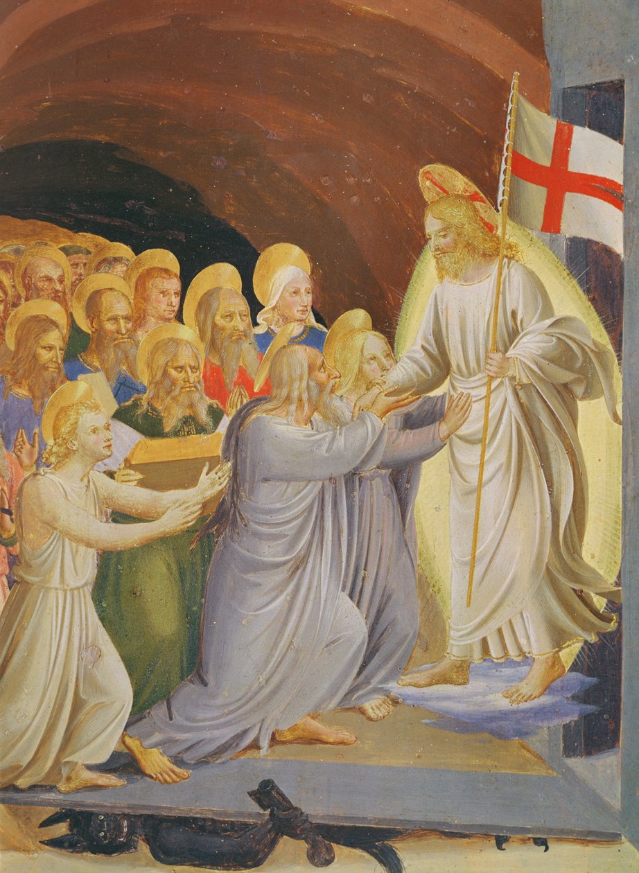 Scenes of the Life of Christ, 3:e panelen som visar nedstigningen till Limo-detalj av gruppen före Kristus, 1450-3 tempera på trä av Fra Angelico