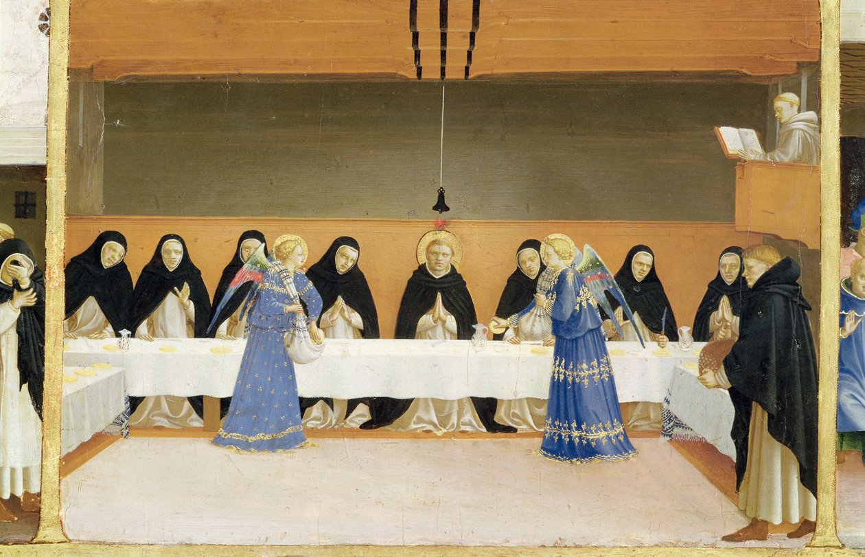 St Dominic och hans följeslagare matade av änglar, från predellapanelen av Jungfruns kröning, ca 1430-32 (tempera på panelen) av Fra Angelico