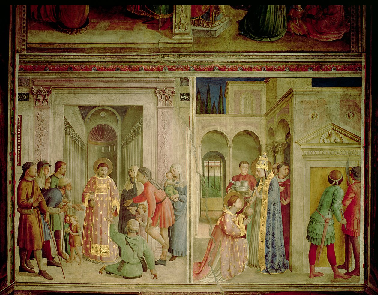 Sankt Lawrence tar emot kyrkans skatter och Sankt Lawrence delar ut allmosor. av Fra Angelico