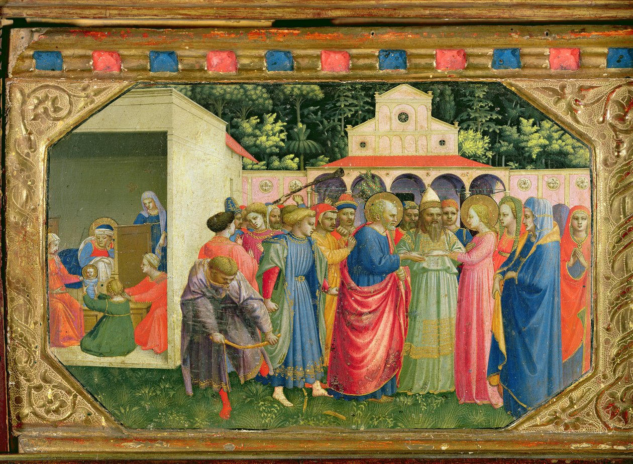 Jungfruns födelse och äktenskap, från predella av bebådelsens altartavla, c.1430-32 (tempera och guld på panel) av Fra Angelico