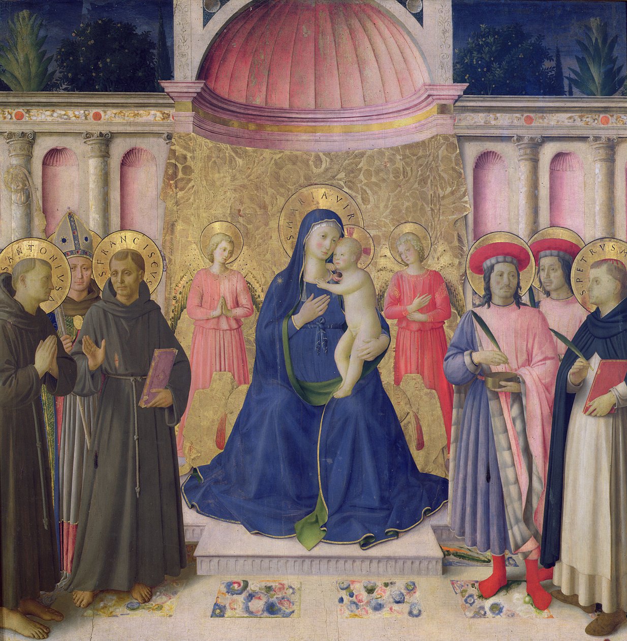 Bosco ai Frati altartavla: Jungfrun och barnet tronade med två änglar mellan SS. Anthony av Padua, Ludvig av Toulouse och Franciskus och SS. Cosmas och Damian och Peter Martyren, 1452 (tempera av Fra Angelico