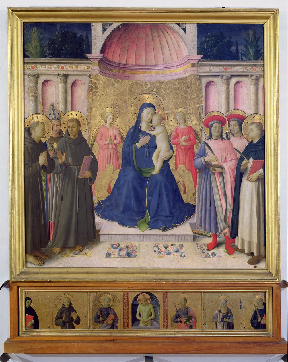 Altartavlan från Bosco ai Frati: Jungfrun och barnet tronar med två änglar mellan SS. Antonius av Padua, Ludvig av Toulouse och Franciskus och SS. Cosmas och Damian och Petrus Martyr, 1452 (tempera). av Fra Angelico