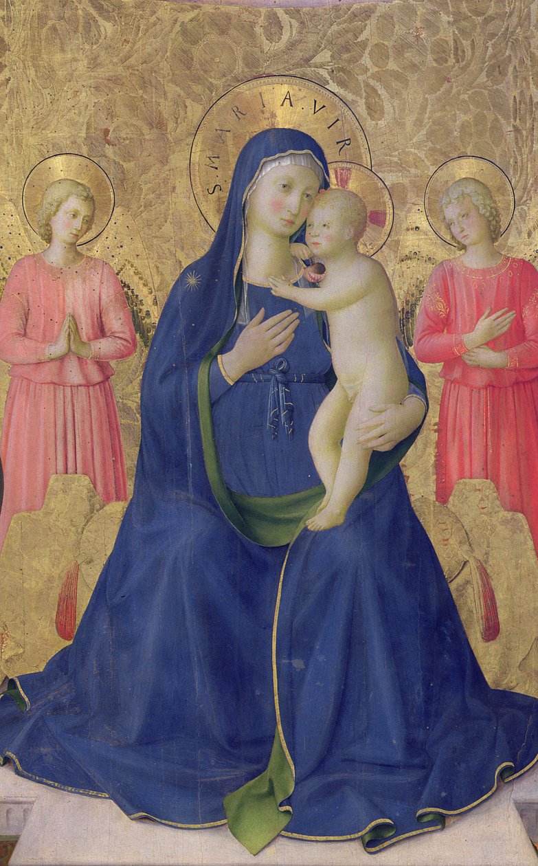 Altartavlan från Bosco ai Frati: Jungfrun och barnet tronar med två änglar, 1452 tempera på panel detalj av 43968 av Fra Angelico