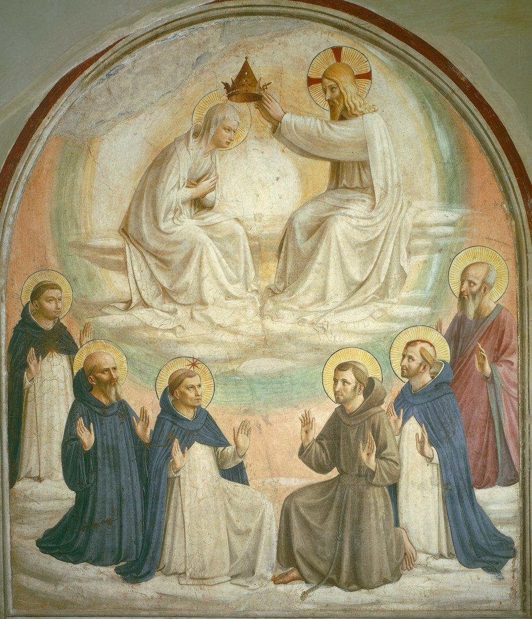 Jungfruns kröning, med de heliga Thomas, Benedikt, Dominikus, Franciskus, Peter Martyren och Paulus, 1442 av Fra Angelico