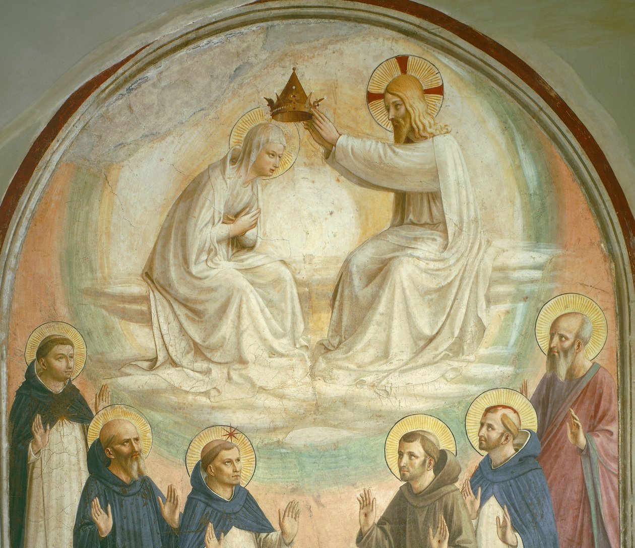 Jungfruns kröning, med de heliga Thomas, Benedict, Dominic, Francis, Peter Martyren och Paulus, 1442 (detalj av 43883) av Fra Angelico