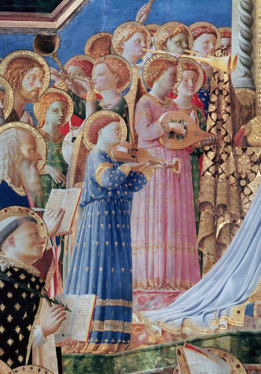 Jungfruns kröning, detalj av musikaliska änglar från vänster sida, ca 1430-32 (detalj av 60319) av Fra Angelico