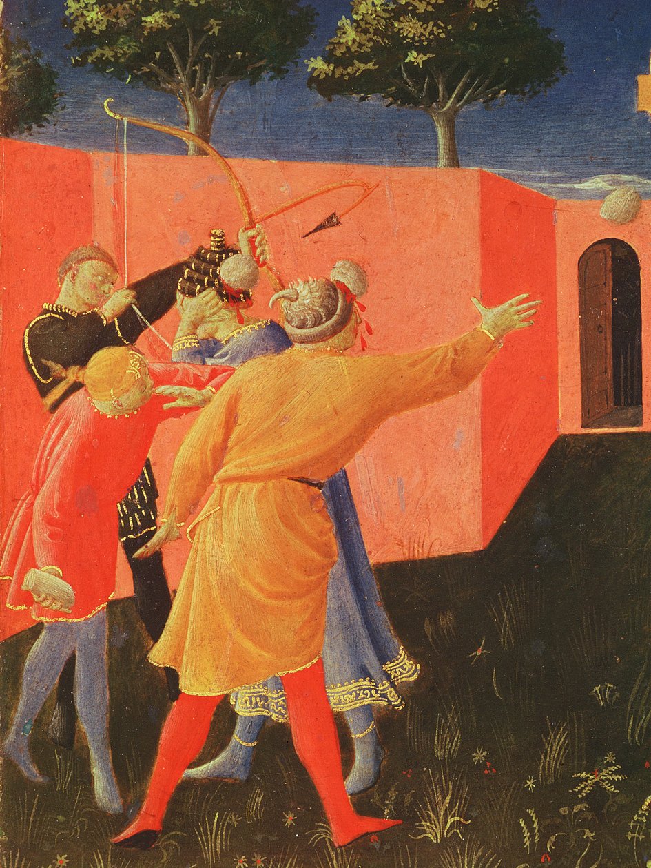 Korsfästelsen och stening av SS. Cosmas och Damian, detalj av deras plågoandar, predella från Annalena Altarpiece, 1434 (tempera på panel) av Fra Angelico