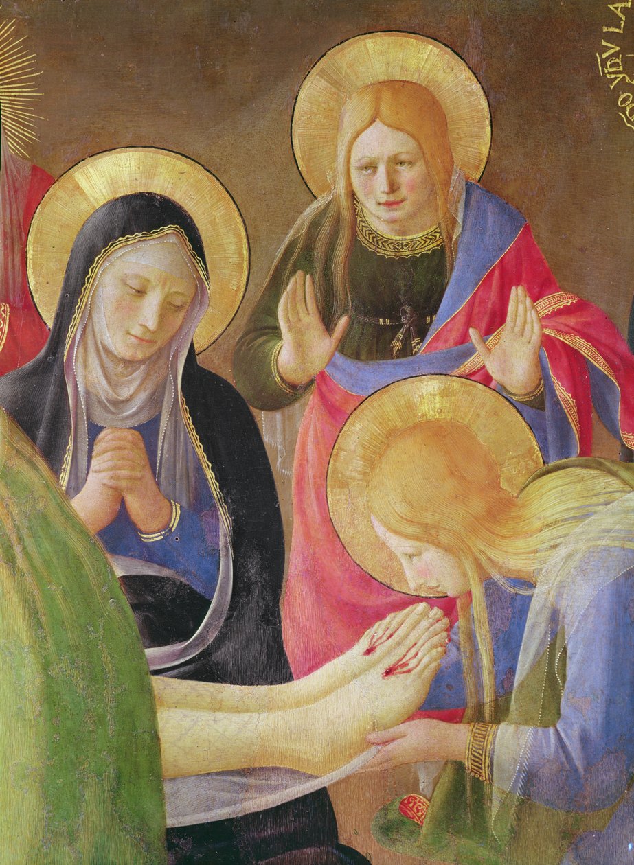 Kristi klagan detalj av Maria Magdalena som kysser Kristi fötter, 1436 tempera på trä av Fra Angelico