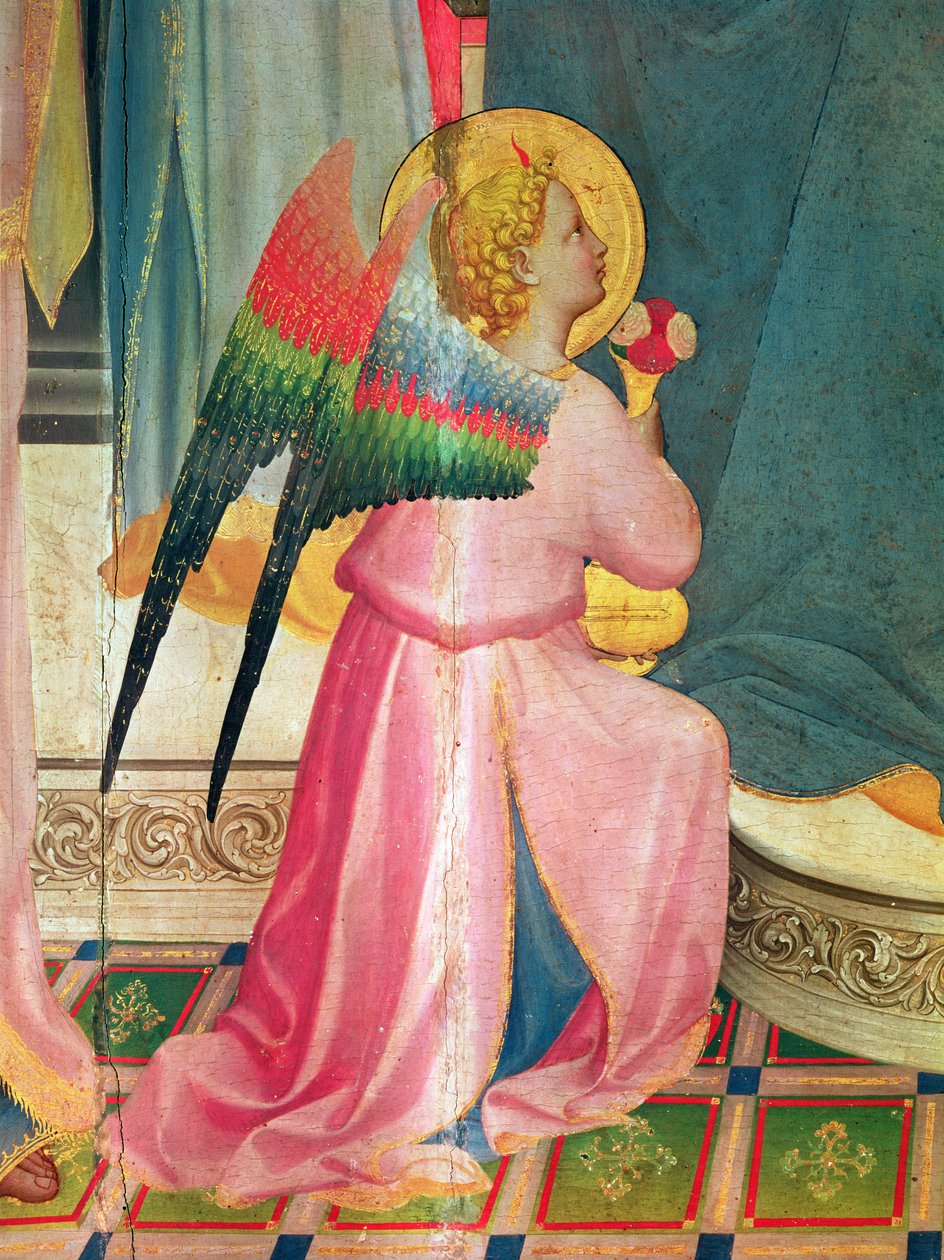 Jungfrun tronad bland helgon, detalj av en ängel, ca 1424-5 tempera på panel av Fra Angelico
