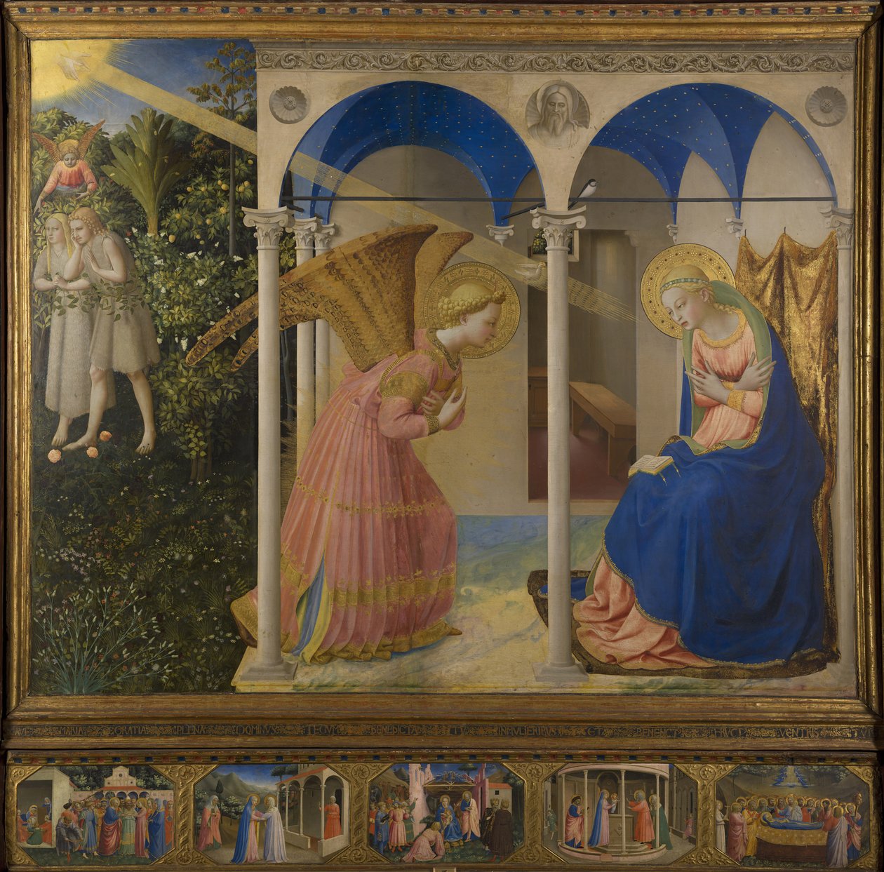 Annunciation på Maria, Alarretbel med 5 predellatables från Marienleben, huvudpanel, scen av Fra Angelico