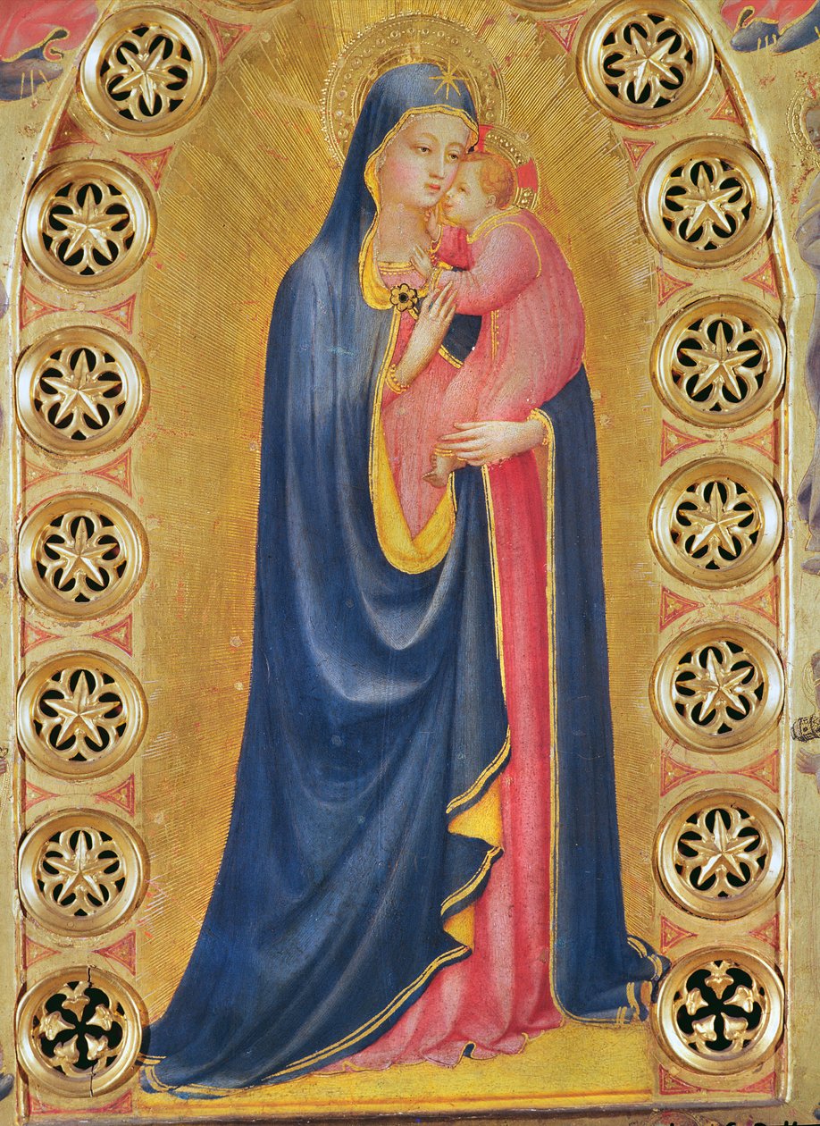 Virgin and Child även kallad Virgin and the Star (detalj av Jungfrun) (olja och bladguld på trä) av Fra Angelico