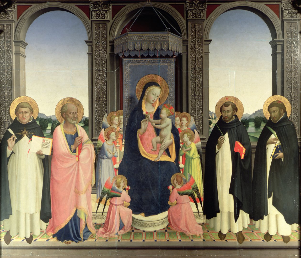 Jungfru och barn med änglar och de heliga Thomas av Aquino, Barnabas, Dominikus och Petrus Martyr, ca 1422 (tempera på panel) (se 238446 och 43913) av Fra Angelico