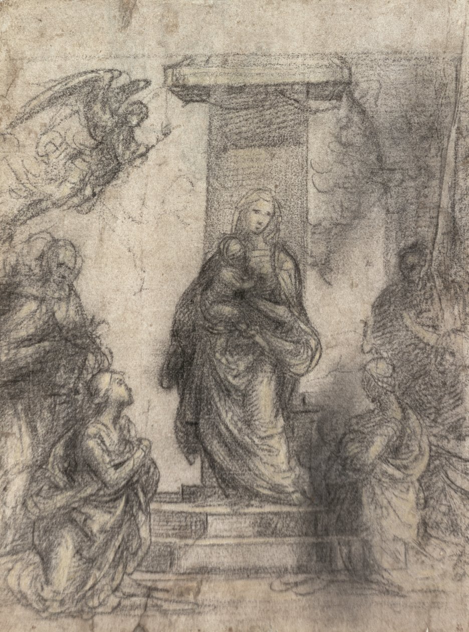Madonnan och barnet med helgon (recto) (svart och gul krita med vit färg på papper) (verso se 152659) av Fra Bartolommeo