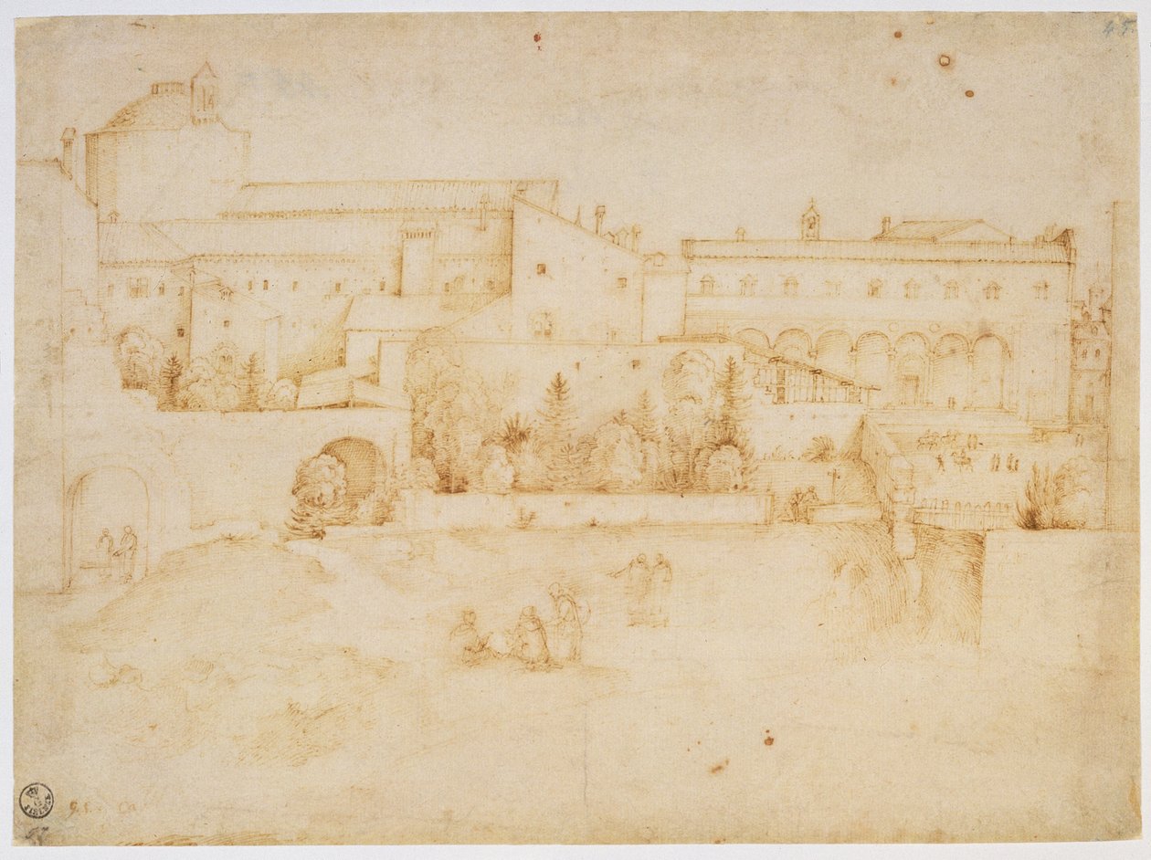 Vy över kyrkan och klostret Santa Croce i Florens (brunt bläck på papper) av Fra Bartolommeo