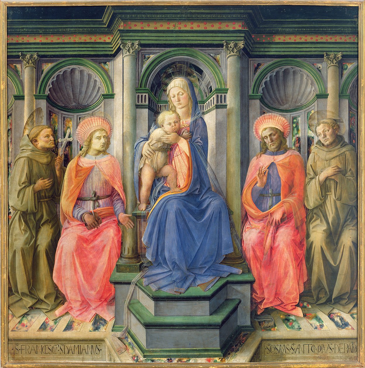 Madonna och barn tronade med SS. Francis, Cosmas, Damian och Anthony av Padua, ca 1442-45 (tempera på panel) (för predellapaneler se 85691-93) av Fra Filippo Lippi