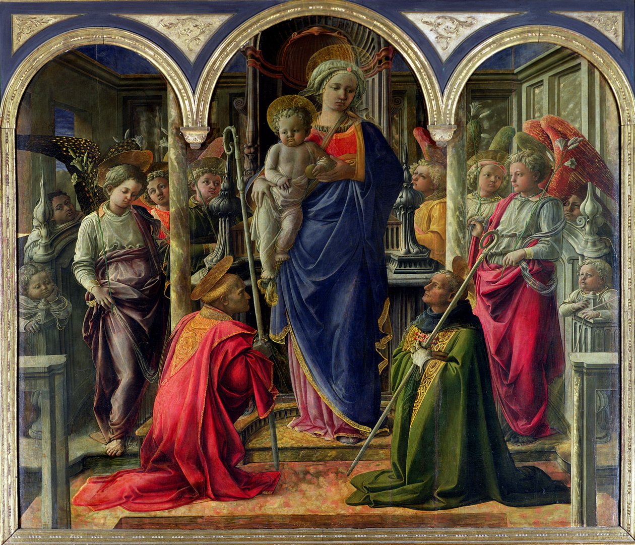 Barbadoris altaruppsats: Jungfru och barn omgiven av änglar med den helige Frediano och den helige Augustinus, 1437 av Fra Filippo Lippi