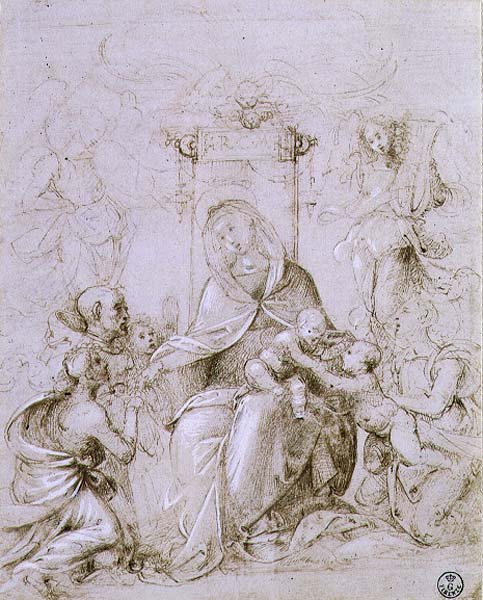 Madonna och barn på tronen med Johannes Döparen presenterad av en ängel och St. Monica (penna och bläck på papper) av Fra Bartolomeo