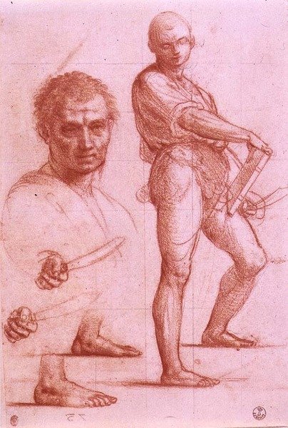 Studie av en man som håller ett svärd och en bok, svärdet och fötterna repeterade två gånger, samt ett huvud av en man (krita på papper) av Fra Bartolomeo