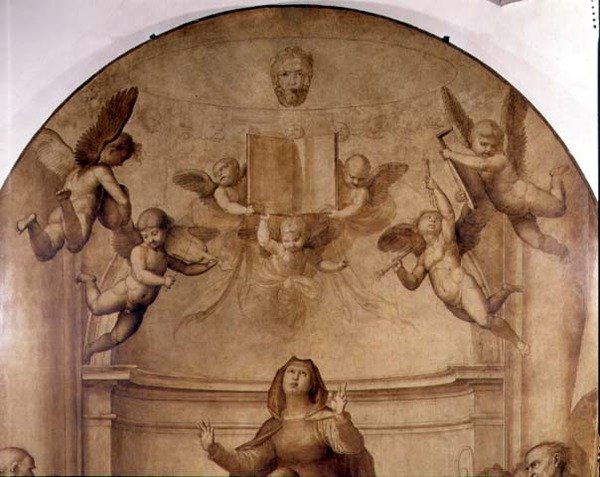 Den stora rådsaltartavlan, detalj som visar musikaliska änglar som håller en bok högt av Fra Bartolomeo