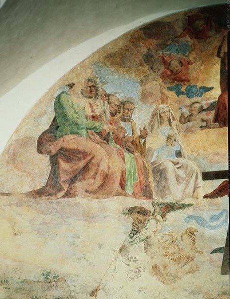 Den sista domen, detalj som visar jungfrun och apostlarna till höger om Kristus av Fra Bartolomeo