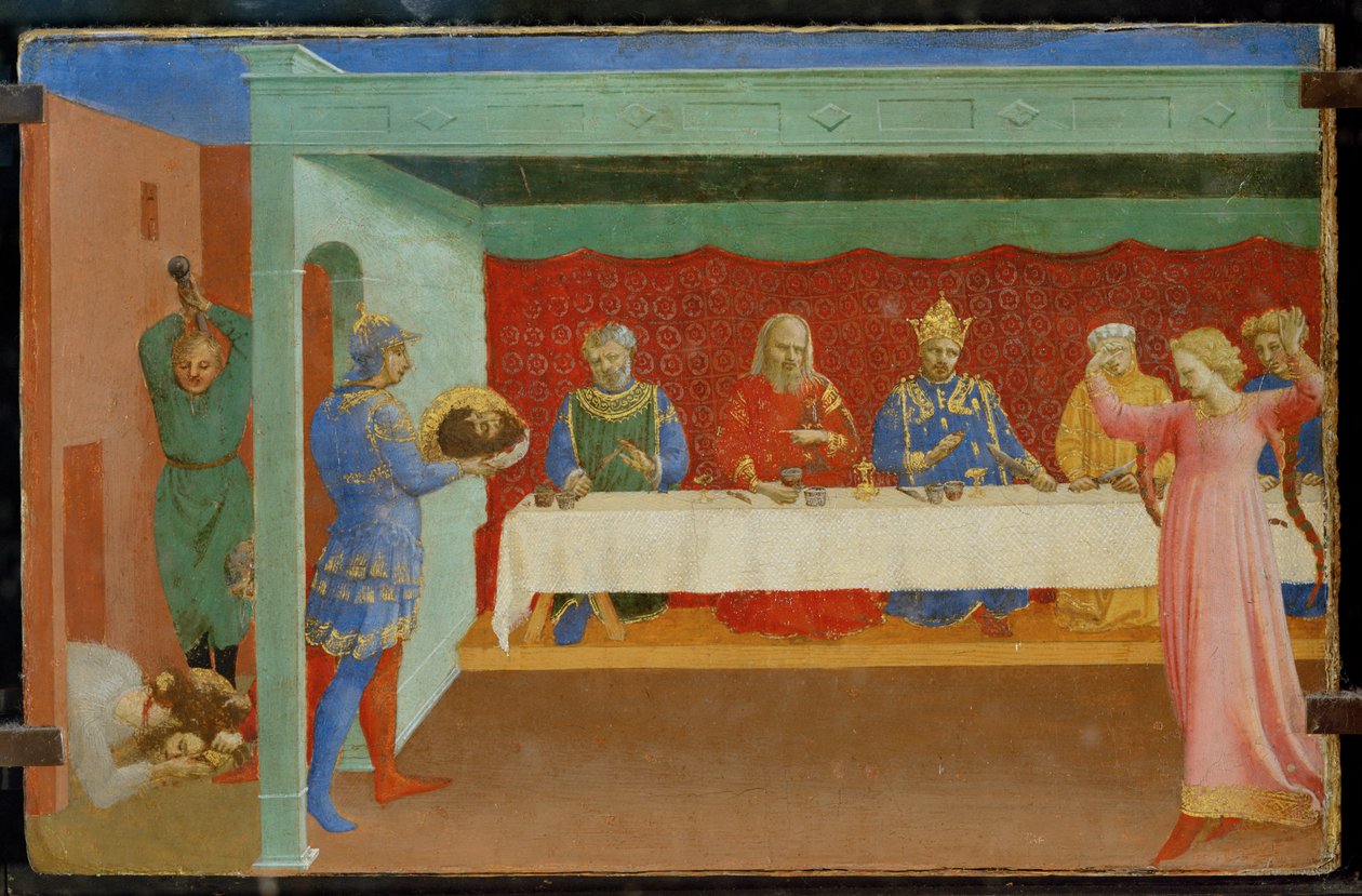 Predella till en altartavla: Johannes Döparens halshuggning och herodesfesten med Salome som dansar ... av Fra (c.1387 1455) Angelico