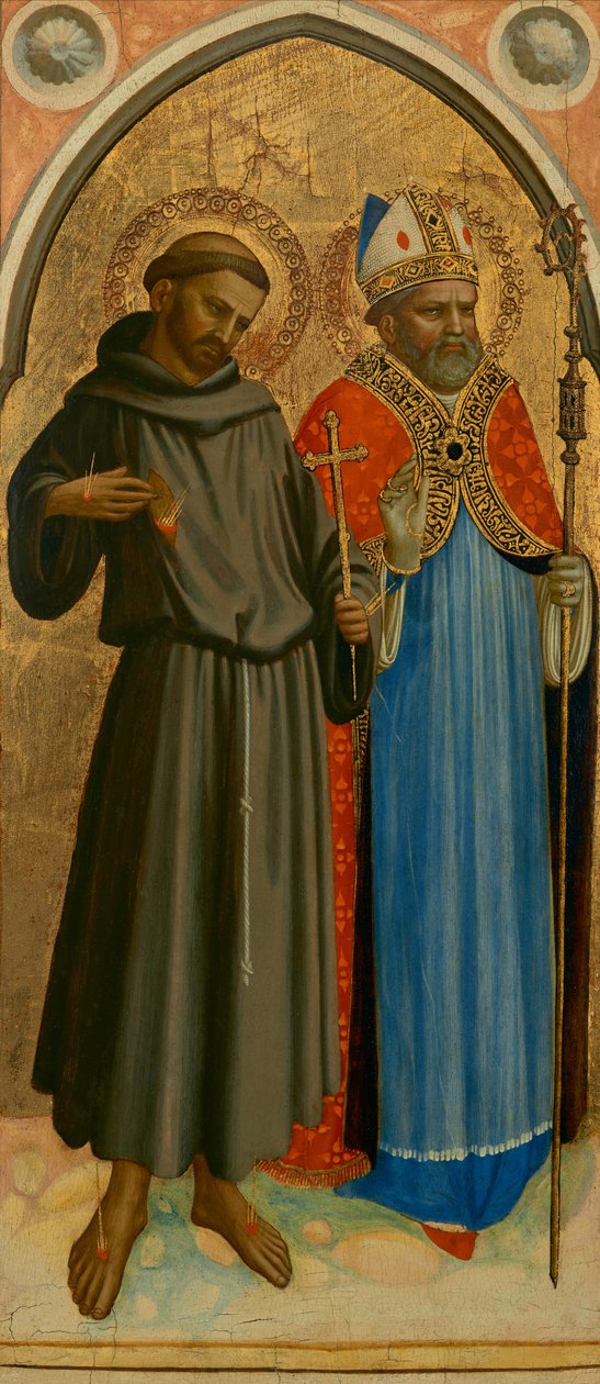 Sankt Franciskus och ett biskopshelgon, sent 1420-tal (tempera och bladguld på pannå) av Fra (c.1387 1455) Angelico
