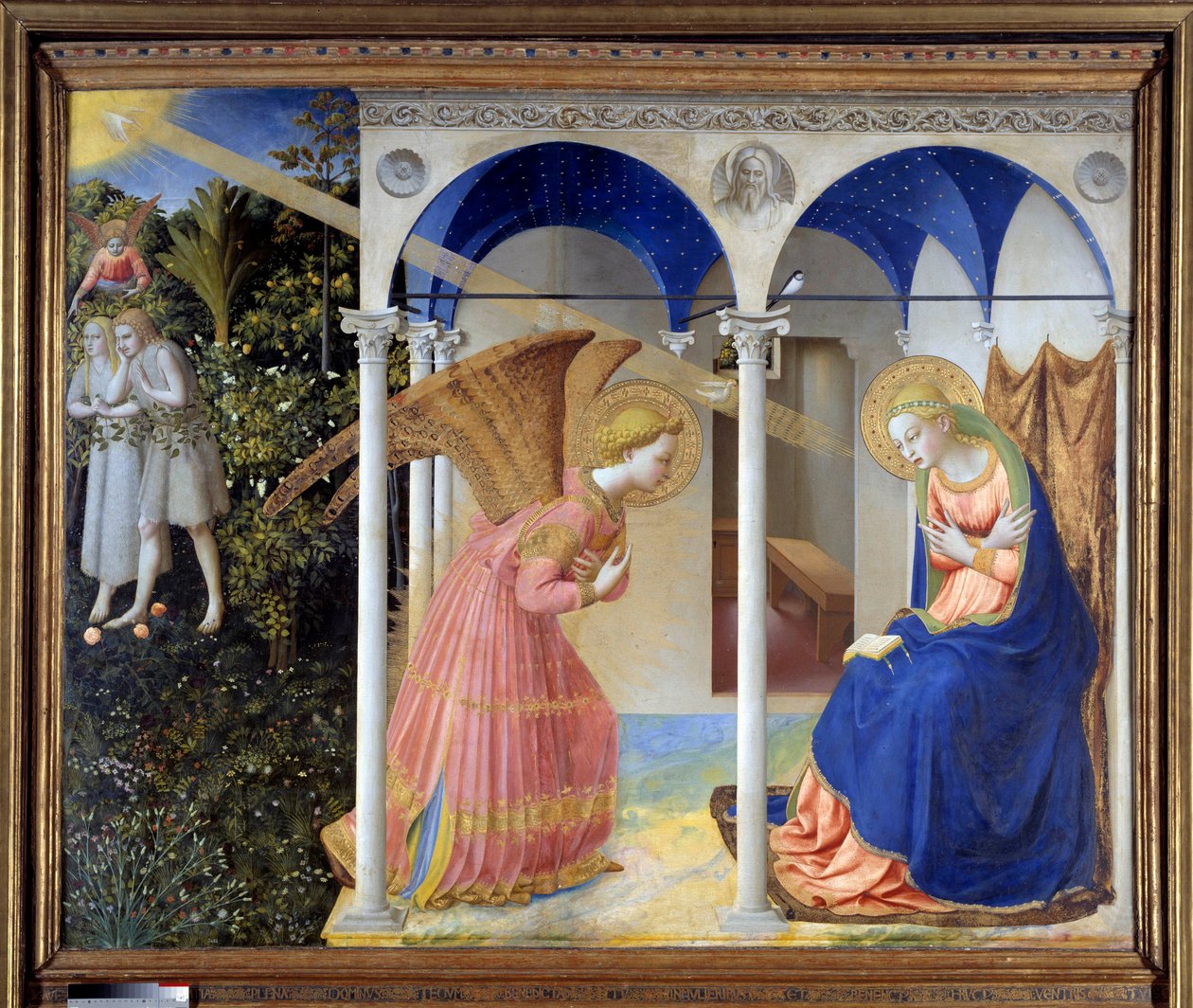Bebådelsen (i bakgrunden, Adam och Eva fördrivna från paradiset), ca. 1445 (tempera och guld på panel) av Fra (c.1387 1455) Angelico