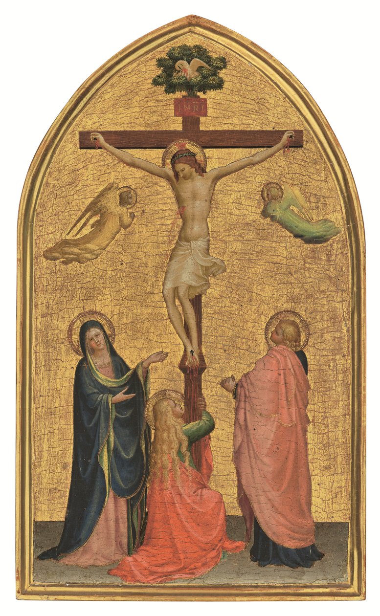 Korsfästelsen med Jungfru Maria, Johannes Döparen och Magdalena (tempera på guldgrundad panel) av Fra (c.1387 1455) Angelico
