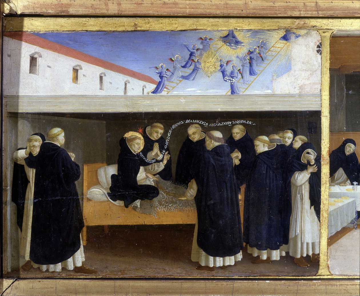Saint Dominicas död (1221) - den nedre delen (predella) av "Jungfruns kröning" som visar Kristus vid graven och sex episoder av Saint Dominicas liv, grundaren av den ordning som Angelicode tillhörde av Guido di Pietro (eller F av Fra  Angelico