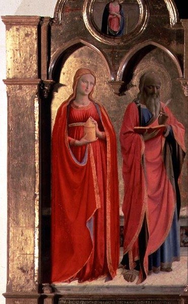 Jungfru och barn på tronen med fyra änglar, detalj av Johannes evangelisten och Maria Magdalena, från Polittico di San Domenico (detalj av 43910) av Fra (c.1387 1455) Angelico