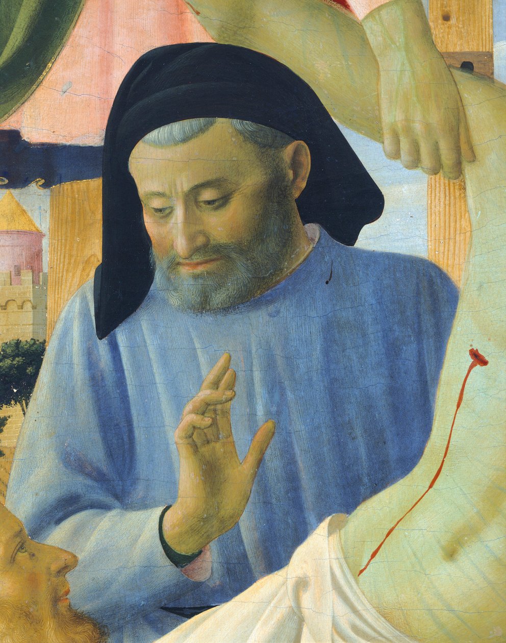 Arkitekt Michelozzo, detalj från Avsättningen från korset eller den heliga treenighetens altartavla, cirka 1432, av Giovanni da Fiesole känd som Fra Angelico (1400-ca 1455), tempera på trä av Fra (c.1387 1455) Angelico