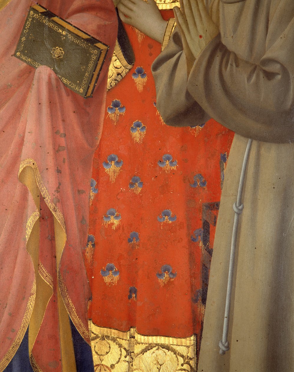 Detalj av Annalena altartavla. Tunika och kläder av Saint John the Evangelist, Saint Laurent och Saint Francois (tempera på trä) av Fra  Angelico