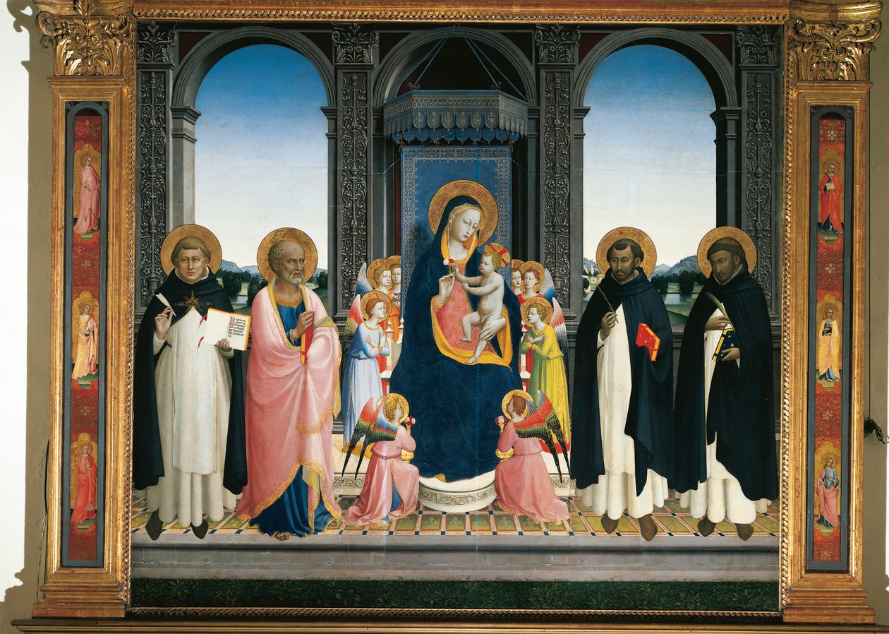Fiesole altartavla: Jungfru och barn med änglar och fyra heliga (målning på trä av Fra  Angelico