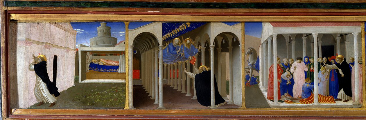 Från vänster till höger, St. Dominica (1170-1221) och påven Innocentius III (1160-1216), uppenbarelse av St. Peter och St. Paul till Saint Dominica, och en uppståndelseplats som mirakulöst sköts av helgonet”” Vänster del av predellen av altartavlan "" The  av Fra  Angelico