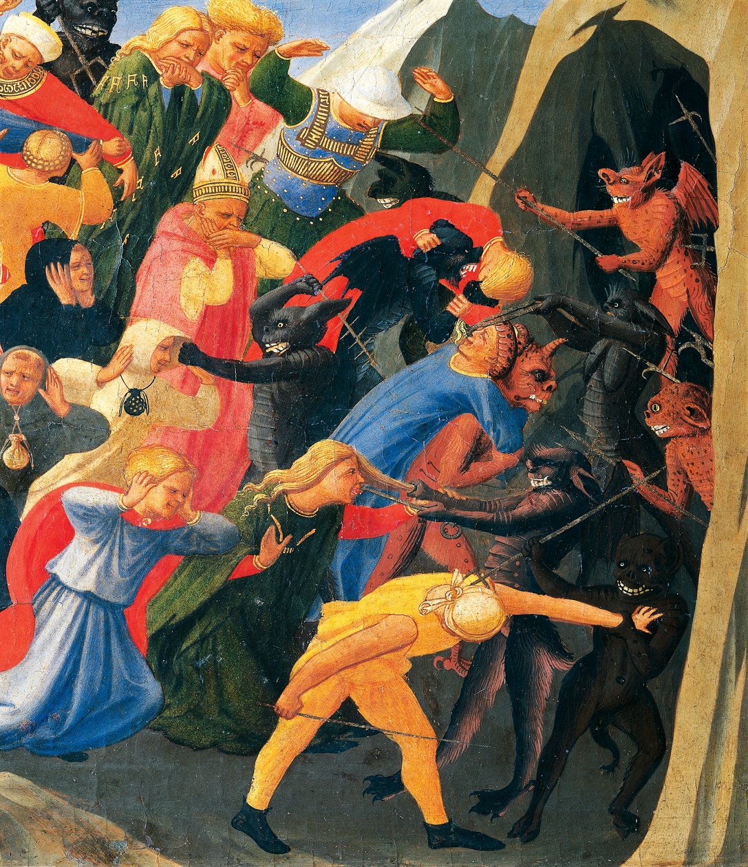 Helvete med demoner som organiserar förbannade, detalj från Last Judgment av Giovanni da Fiesole känd som Fra Angelico (1400-cirka 1455), tempera på trä av Fra (c.1387 1455) Angelico