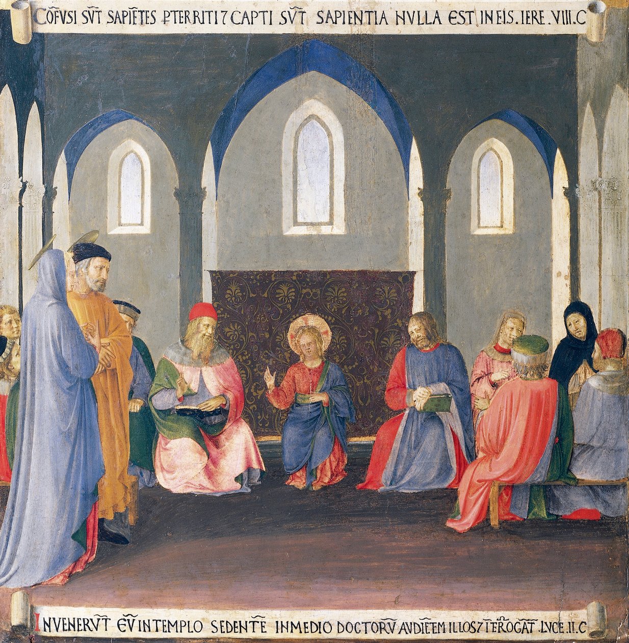 Inlägg som skildrar dispyten med läkarna i templet, panel från Armadio degli Argenti (Silverkista) med Jesu liv av Fra (c.1387 1455) Angelico
